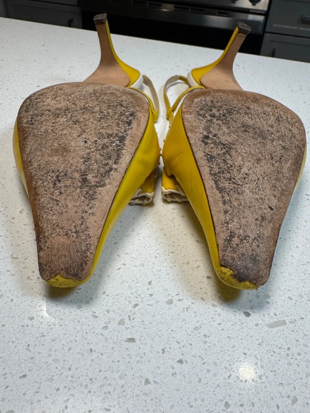 Vintage Kate Spade Slingback Kitten Heels Yellow White Leather Pointed Italy 10